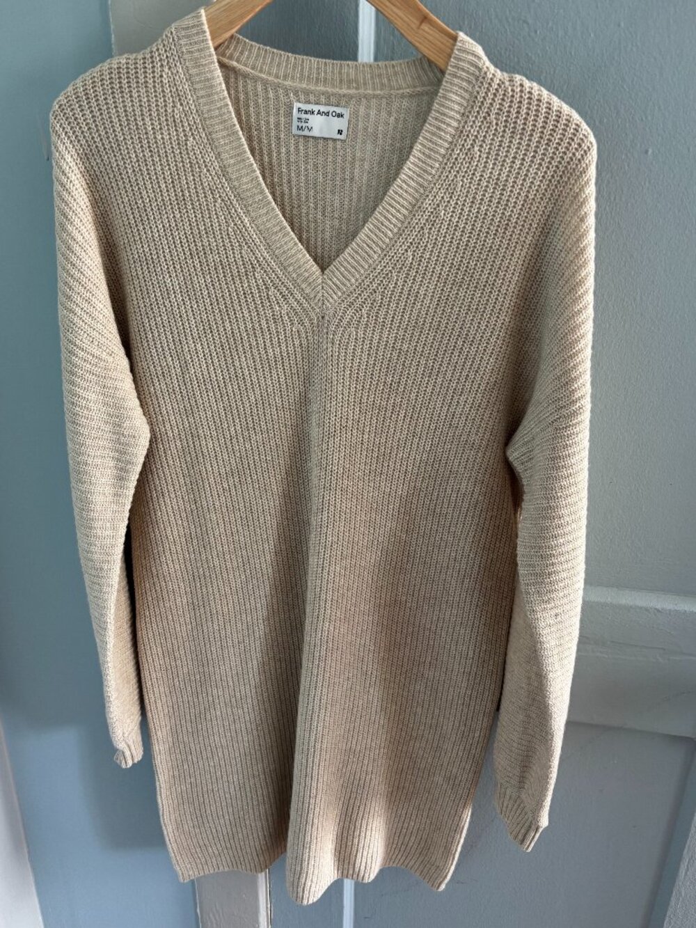 Frank and Oak Cream V-Neck Ribbed Knit Sweater Dress M NWOT